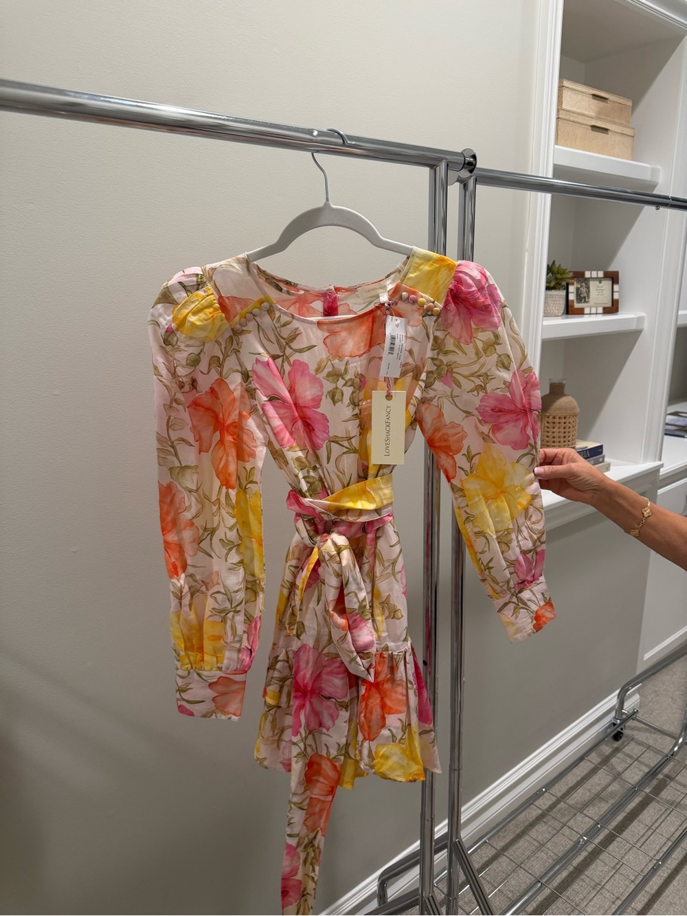 LoveShackFancy Floral Tie-Waist Mini Dress in Pink, Orange & Yellow